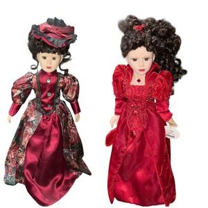 BK Collection Porcelain Dolls Lot of 2 Victorian Red Velvet & Floral Dresses